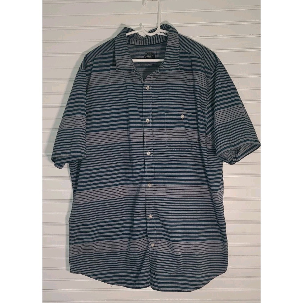 North Face Shirt Adult XXL Blue Button Up Check Hiking Striped Beach Men